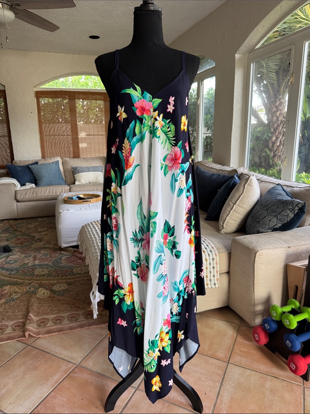 Tommy Bahama Navy Floral Handkerchief Hem Dress